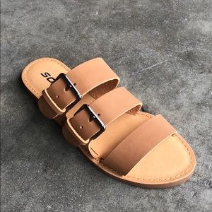 Soda Women’s Slide Sandals with Buckles  in Tan